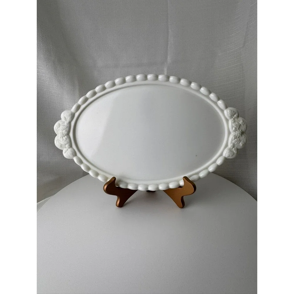 Westmoreland Paneled Grape Milk Glass Oval Serving Platter Beaded Edge 12.75